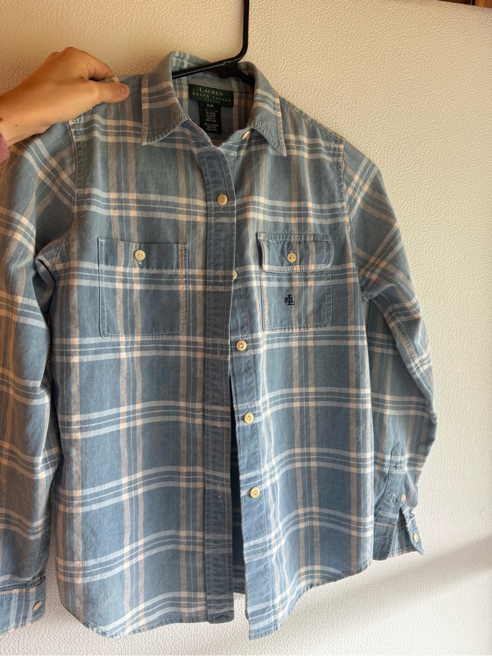 Lauren Ralph Lauren Petite Blue and White Plaid Button-Down Shirt